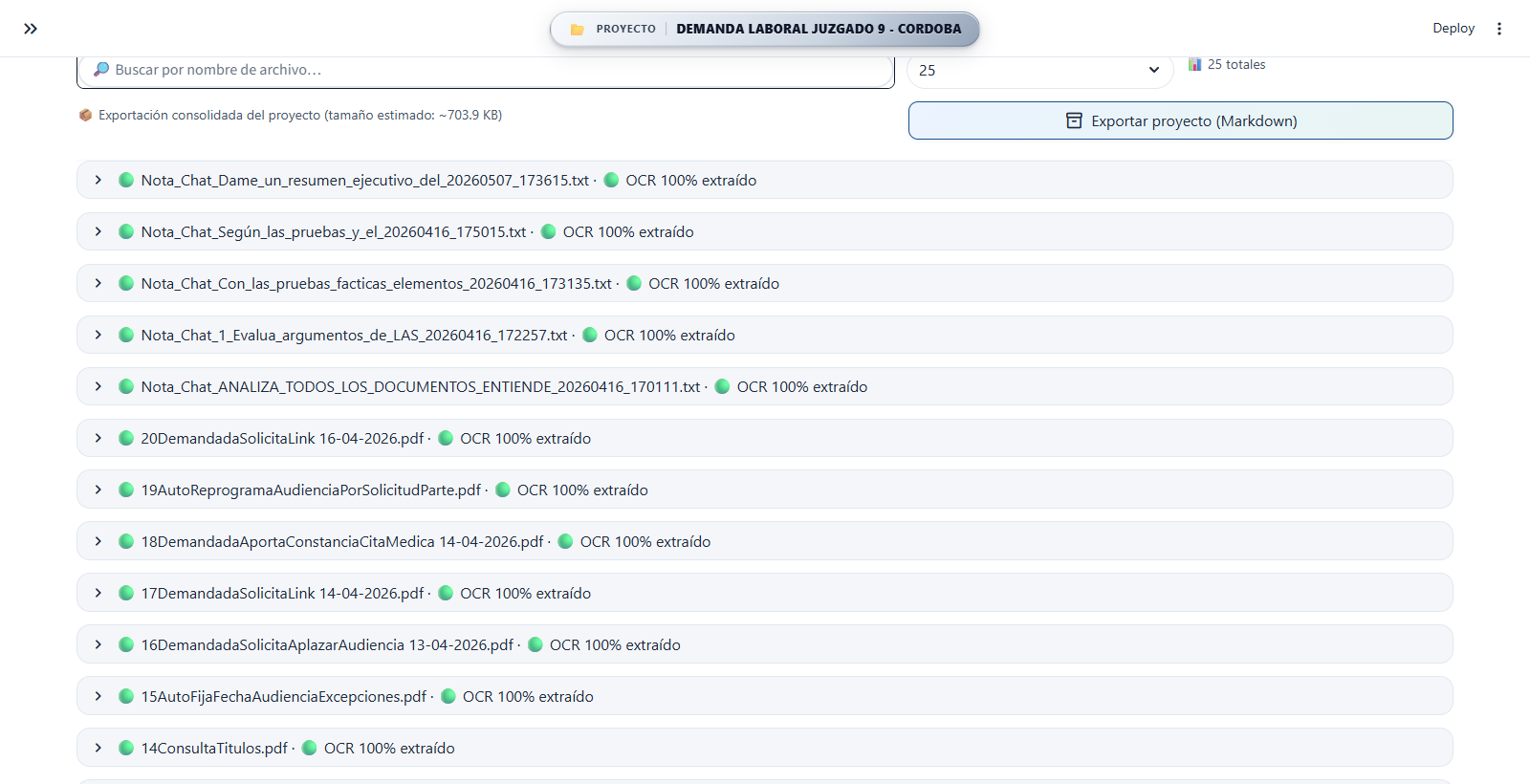 Lista completa de documentos del proyecto con detalles de páginas, chunks y fecha de carga